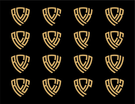 RCA, RCB, RCC, RCE, RCF, RCG, RCH, RCJ, RCK, RCL, RCO, RCP, RCR, RCS, RCU, RCZ creative letter shield logo design vector icon illustration