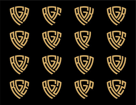 RGA, RGB, RGC, RGE, RGF, RGH, RGJ, RGK, RGL, RGO, RGP, RGR, RGS, RGU, RGZ creative letter shield logo design vector icon illustration