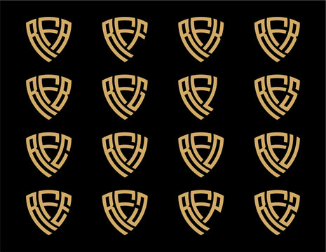 RFA, RFB, RFC, RFE, RFF, RFG, RFH, RFJ, RFK, RFL, RFO, RFP, RFR, RFS, RFU, RFZ creative letter shield logo design vector icon illustration