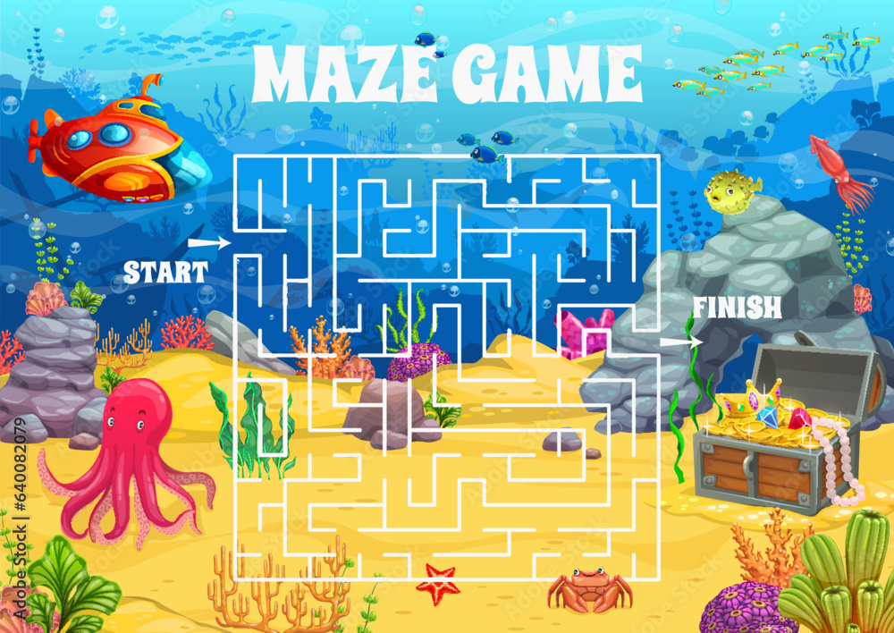 Poster labyrinth maze on sea bottom landscape, help to explorers find treasure chest, vector quiz game. kid