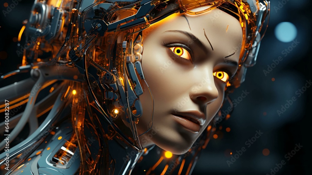 Poster connection of human woman and artificial intelligence robot. the concept of merging a person and a c