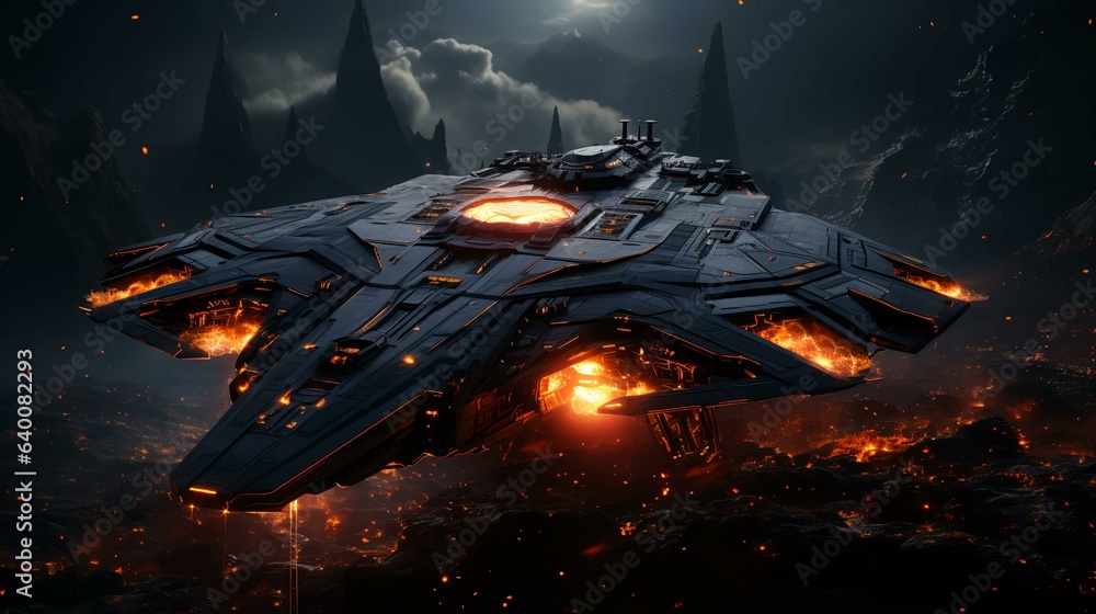 Poster futuristic spaceship on an alien planet in space