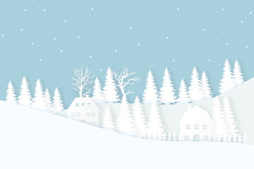 Santa Flying in the night on christmas. Winter lanscape with house, snow and tree. Paper cut vector design. The house in winter is covered with snow. Vector EPS 10.