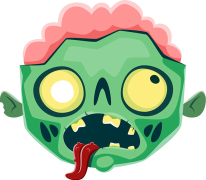 Cartoon Halloween zombie emoji character. Isolated vector spooky emoticon featuring green decaying corpse face with a brain inside its head. Creepy and fun app message for the holiday conversation