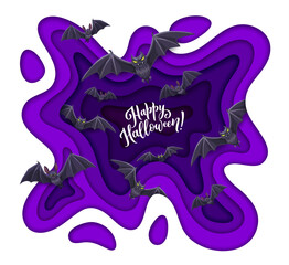 Halloween paper cut flying bats, spooky 3d vector paper art featuring evil vampire animals against purple background inside of wavy layered frame. Haunting autumn decoration for Hallowmas holiday