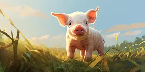 Fotobehang illustration of smiling baby pig standing in a field, generative AI © VALUEINVESTOR