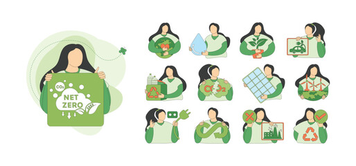 Net zero and carbon neutral concept. Net zero greenhouse gas emissions target, climate neutral long term strategy. Green net zero activities icons for environmental protection with people mega set. 