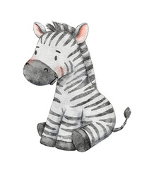 Cute sitting zebra. Drawing african baby wild zebra isolated on white background. Watercolor illustration for kids poster and card. © Elena