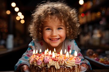 Children's birthday. Cute happy little girl near a birthday cake with candles in festive decorated...