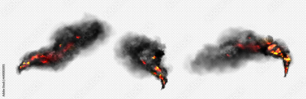 Poster fire with clouds of black smoke on transparent background. realistic vector illustration texture of 