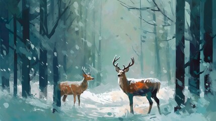 deer in snowy forest, art, oil painting, illustration for christmas card, wallpaper, poster