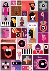Music and cocktail party poster vector design include many different images of people, musical instruments, drink glasses and decorative elements.