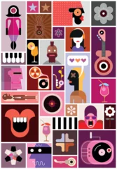 Deurstickers Abstracte kunst Music and cocktail party poster vector design include many different images of people, musical instruments, drink glasses and decorative elements.