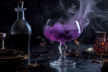 Purple Halloween party cocktail with smoke on dark background