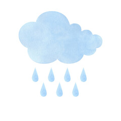 Watercolor illustration of a blue cloud with raindrops isolated on a white background. Hand-drawn. The texture of watercolor on paper. Torrential rain. A cloud with raindrops.