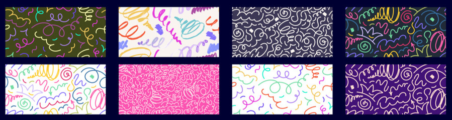 Confetti Scribble abstract seamless pattern set. Playful colorful squiggle for kid design. Simple Confetti pattern with scribble memphis print. Simple vector seamless illustration