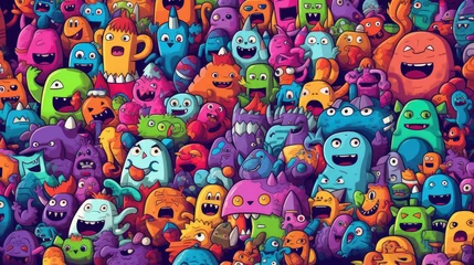 Poster Vector cute doodle monsters seamless pattern © Thanos