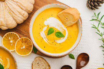 Pumpkin Soup with Cream and Bread