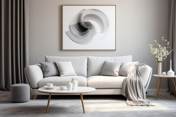 Modern sofa in a living room. Interior design minimalistic composition.