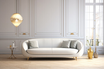 Modern sofa in a living room. Interior design minimalistic composition.