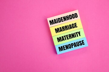 colored paper with the words Maidenhood, Marriage, Maternity, Menopause. The Four Epochs of Woman's Life. - obrazy, fototapety, plakaty