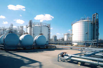 Obraz premium A wide angle image of a generic hydrogen power plant with tanks and pipes. Hydrogen clean power concept.