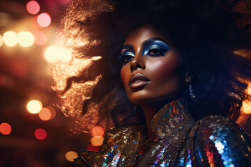 black woman with 80s inspired makeup and glitter disco outfit in a club