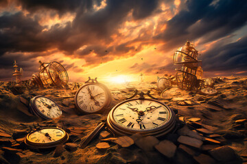 Abstract time related concept with old clocks in the desert - obrazy, fototapety, plakaty