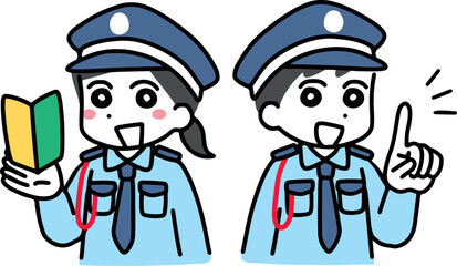 笑顔で初心者マークを持つ若い男女の警備員(上半身)