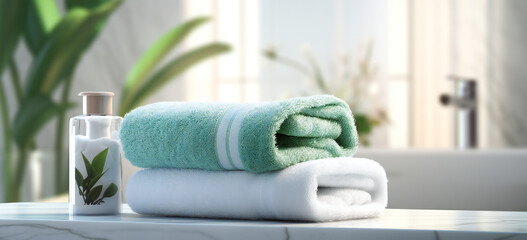 Towels and bath elements in a white marble bathroom