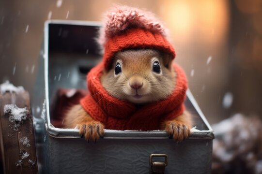 Cute adorable squirrel in a mail box. Lovely animal with Christmas greetings. AI generated image. 