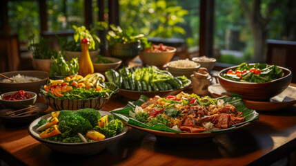 Variety of Thai food on a wooden table