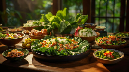 Variety of Thai food on a wooden table