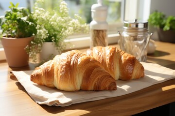 Croissant on kitchen table with moving light generate by AI.