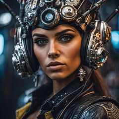 In a cyberpunk neon world, a white woman dons stylish cyberpunk attire with cap and goggles, embodying the edgy, tech-savvy spirit of the future