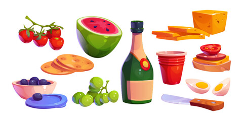 Picnic or dinner food set. Cartoon vector illustration of variouos fast meals - sandwich, cheese and coockies, vegetables and fruits, bottle with wine, plastic cup and knife. Fresh eating for buffet.