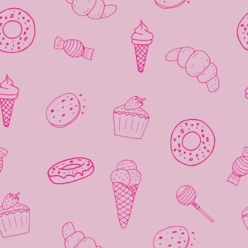 sweets seamless pattern hand drawn in doodle style. food background, wallpaper, textile, wrapping paper, wallpaper