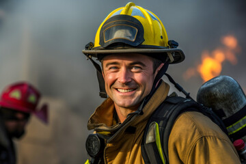 Fototapeta premium Photo of a smiling firefighter in front of a blazing fire