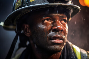 Photo of a fireman wearing a helmet in close-up