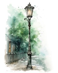 Charming Watercolor Street Lamp on a Narrow Street AI Generated