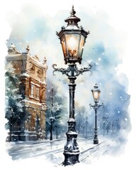 Foggy Winter Street Lamp in Watercolor AI Generated