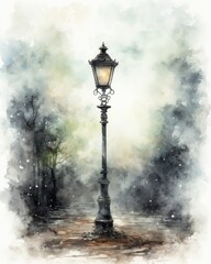 Misty Weather on Rustic Street Lamp AI Generated