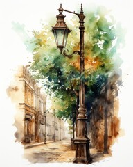 Rustic Vintage Watercolor Street Lamp AI Generated