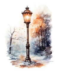 Foggy Winter Street Lamp in Watercolor AI Generated
