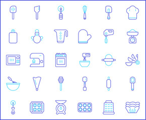 Simple Set of baking tool Related Vector Line Icons. Vector collection of kitchen utensils, equipment, apron, kitchenware, bakery, scales, dough, rolling pin, oven and design elements symbols.