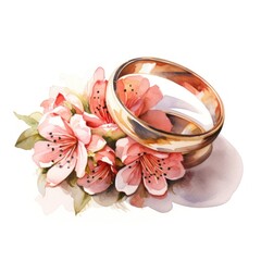 Watercolor Wedding Rings with Flowers Clipart AI Generated