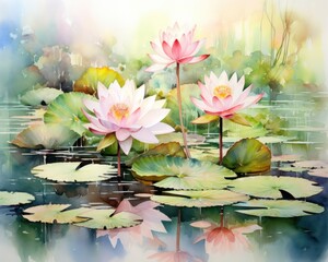 Colorful Watercolor Lily Flowers and Butterflies on the Field AI Generated