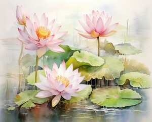 Colorful Watercolor Lily Flowers and Butterflies on the Field AI Generated