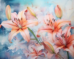 Colorful Watercolor Lily Flowers and Butterflies on the Field AI Generated