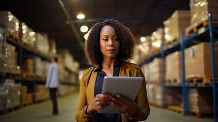 Serious middle-aged African American woman with tablet PC and checks the statements for the presence of goods. Warehouse accounting.